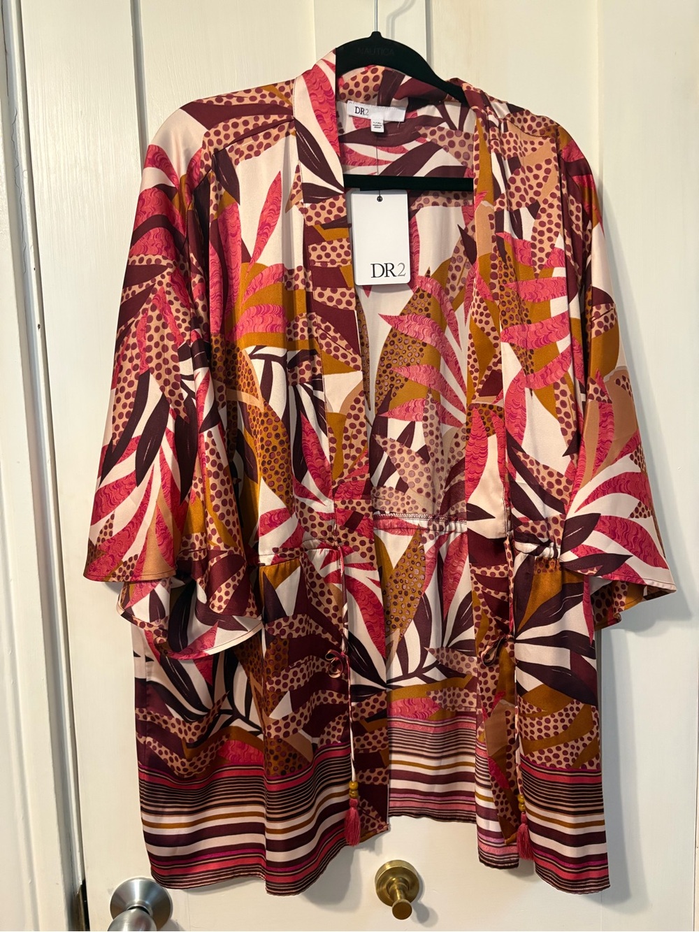DR2 Tropical Print Kimono Jacket in Pink, Burgundy & Mustard